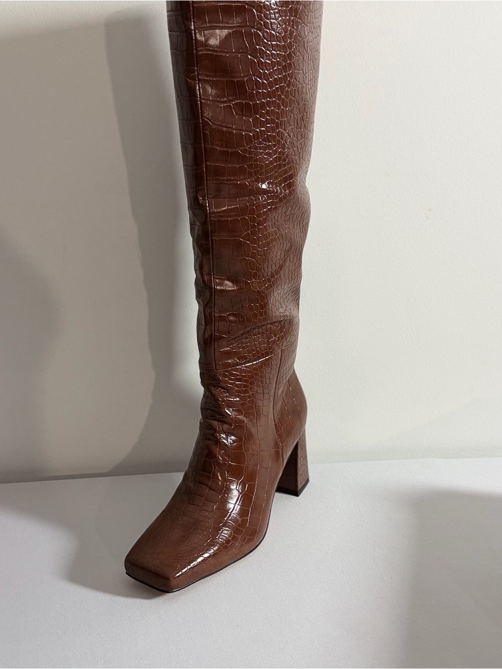 Croc-Embossed Knee-High Heeled Boot in Brown